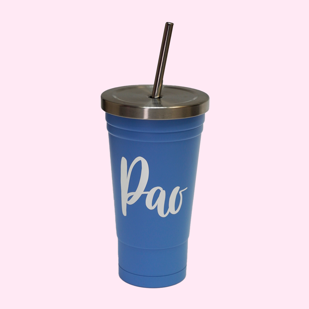 Vaso de acero con tapa y popote con vinil