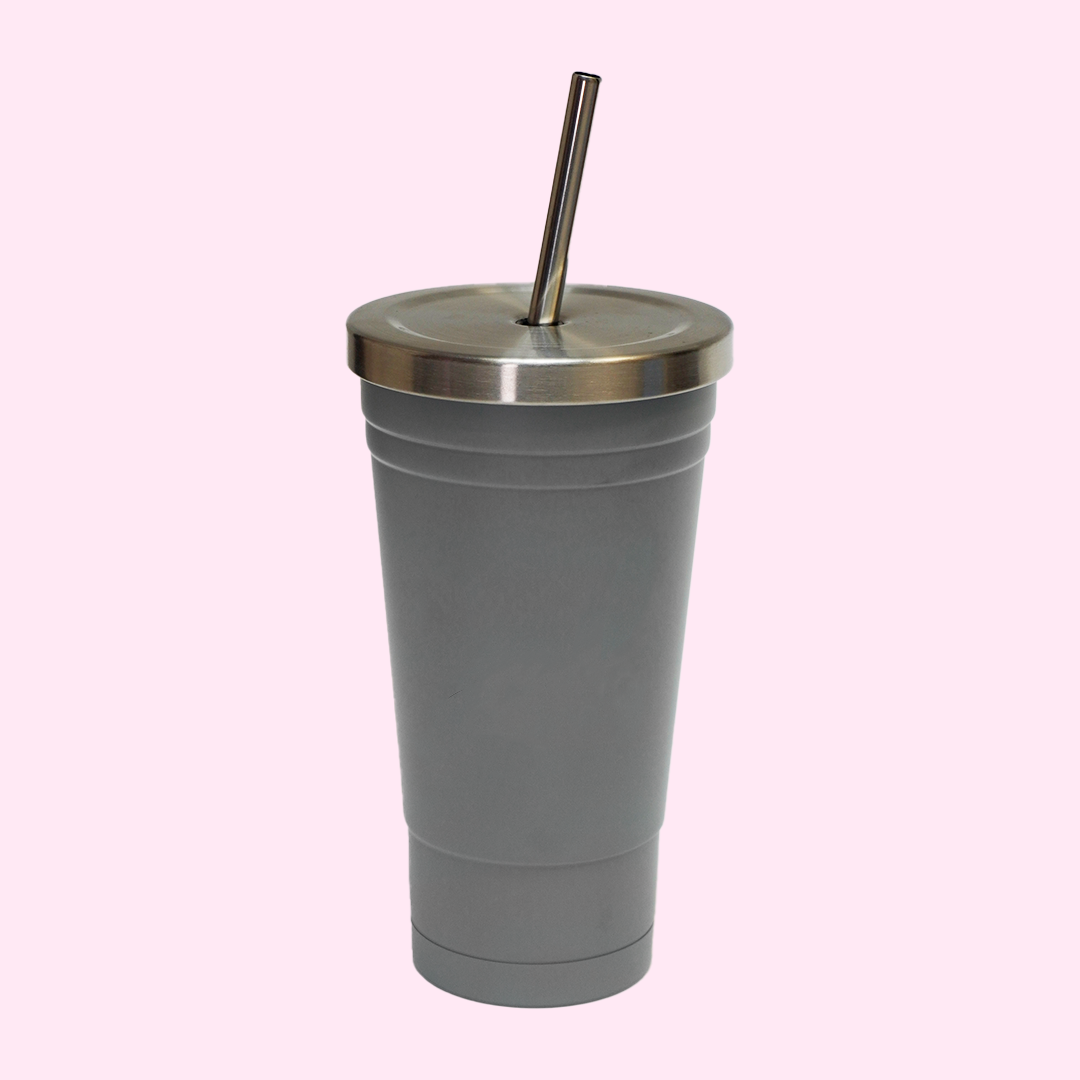 Vaso de acero con tapa y popote con vinil